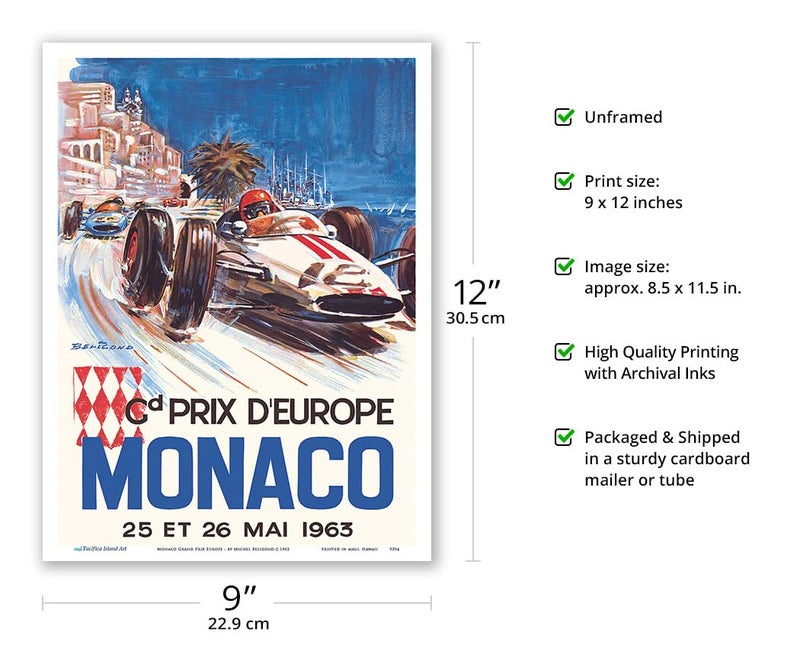 Pacifica Island Art Car Poster 9x12 In | Monaco Grand Prix Europe 1963 Vintage Poster by Michel Beligond | Made in USA | Master Wall Art Print (Unframed) for Home Decor - Image 2